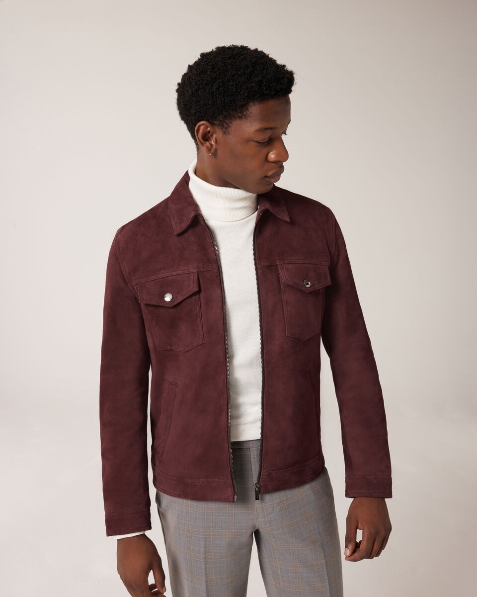 Suede Zip Through Trucker Jacket, Oxblood, hi-res